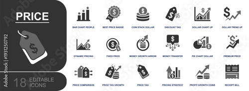 Price icon set. Containing discount tag, fixed price, dynamic pricing, price comparison, premium price, pricing strategy, profit growth, receipt bill and more. Solid vector icons collection.