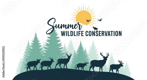 Summer wildlife conservation concept with deer and forest landscape