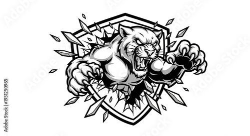 Fierce cartoon tiger breaking through shield with aggressive stance