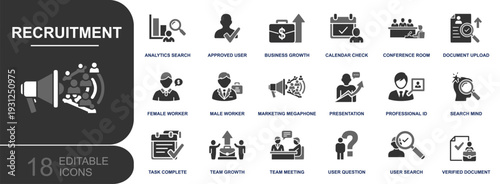 Recruitment icon set. Containing candidate search, approved user, interview meeting, calendar check, professional ID, document upload, verified documents, team growth and more. Solid vector icons.