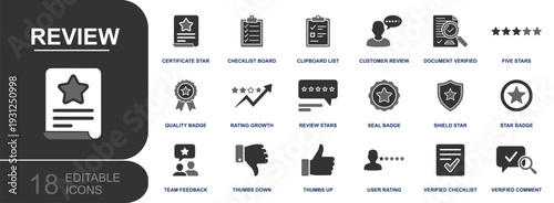 Review icon set. Containing customer review, five stars, thumbs up, thumbs down, rating growth, quality badge, certificate, verified document, checklist and more. Solid vector icons collection.
