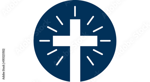 Round Badge with Cross and Small Ray Lines Flat Vector Illustration