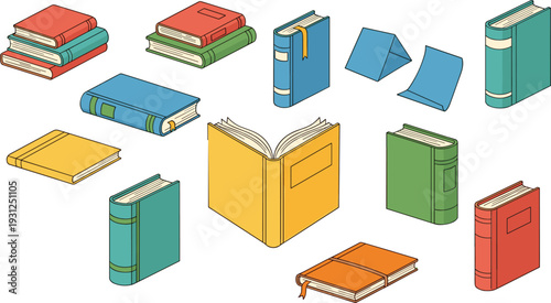 Colorful book collection set in different angles isolated on white background education and library vector illustration