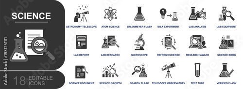Science icon set. Containing astronomy telescope, atom, microscope, lab equipment, erlenmeyer flask, test tube, research report, analysis, science book and more. Solid vector icons collection.