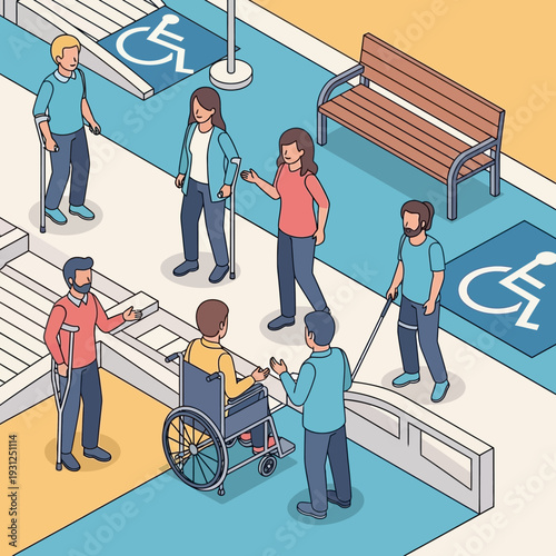 Diverse group of people assisting a person in a wheelchair at a public transit stop.