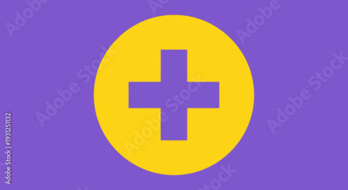 Flat Vector Badge of Purple Cross Inside Yellow Circle