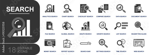 Search icon set. Containing magnifying glass, analytics search, chart search, data search, document search, web search, filter list, compare, report and more. Solid vector icons collection.