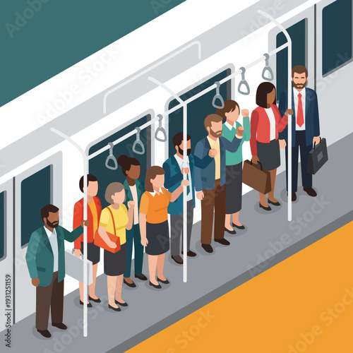 Diverse group of commuters standing on a train platform holding handrails.
