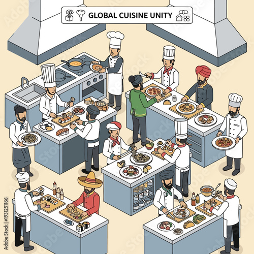 Diverse chefs preparing global cuisine in a modern kitchen.