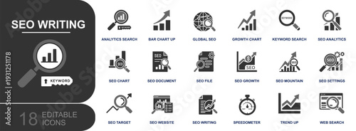 SEO writing icon set. Containing keyword research, analytics search, global SEO, growth charts, SEO document, site audit, settings, speed, web search and more. Solid vector icons collection.