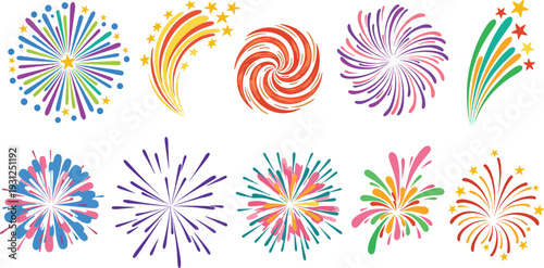 Colorful fireworks burst collection isolated on white background celebration and festival vector illustration set