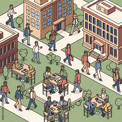 Students and teachers interacting on a college campus with buildings and outdoor spaces.