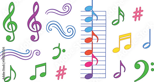 Colorful Music Notes and Symbols Set with Treble Clef Staff and Musical Elements Vector Illustration