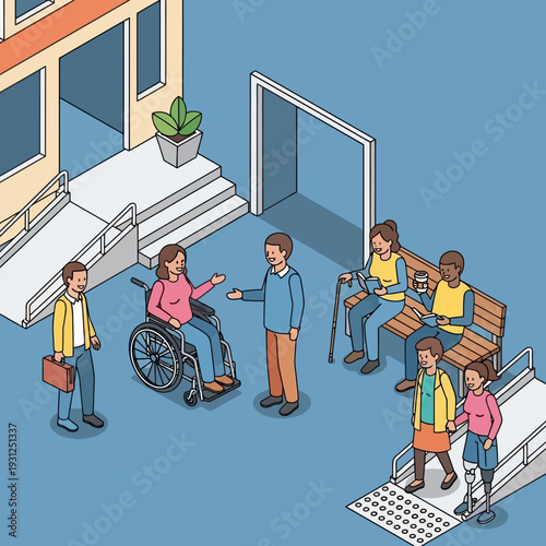 Diverse group of people interacting outside a building with wheelchair accessibility.