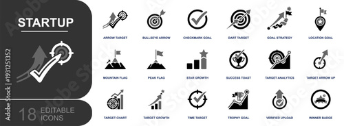 Startup goal icon set. Containing target, arrow, bullseye, checkmark, strategy, flag, growth, analytics, success, trophy, verified, winner badge and more. Solid fill vector icons collection.
