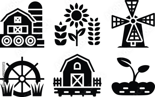 Farm agriculture silhouette icon set barn windmill sunflower wheat wheel rural vector illustration collection