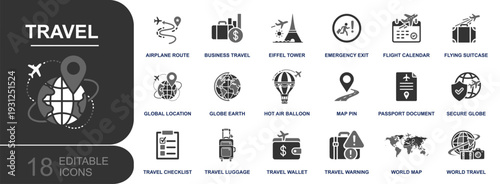 Travel icon set. Containing airplane route, business trip, flight calendar, suitcase, passport, map pin, globe, world map, travel checklist, wallet, warning and more. Solid fill vector icons collectio