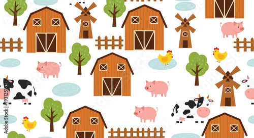 Cute Farm Seamless Pattern with Barns Windmills Cows Pigs Chickens Trees and Rustic Countryside Elements