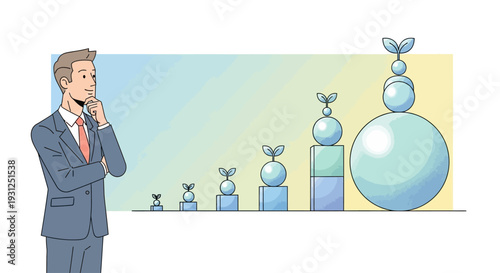 Man Contemplates Growing Bubbles of Success.