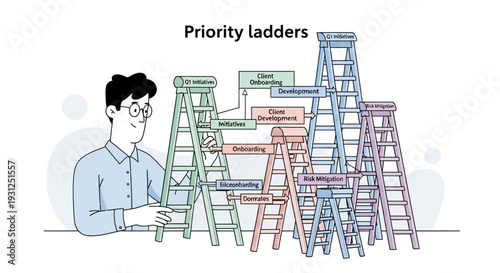 Man standing next to multiple ladders.