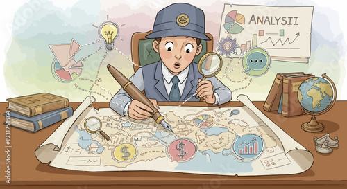 Cartoon Detective Examining Map with Magnifying Glass.