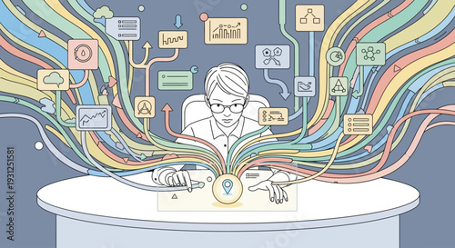 Man Working on Computer with Digital Connections.