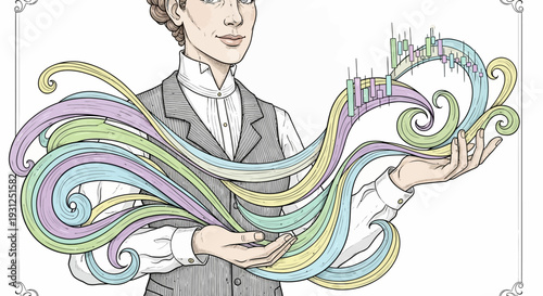 Man Holding Colorful Swirling Ribbons Illustration.