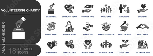 Volunteering charity icon set. Containing donation, community, family care, heart hands, fundraising, medical support, people network, global help and more. Solid vector icons collection.