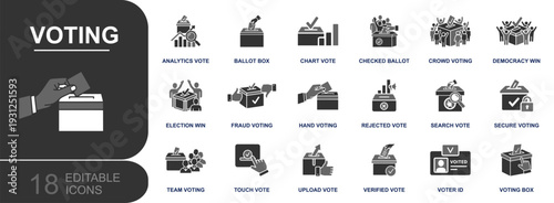 Voting icon set. Containing ballot box, election win, checked ballot, secure voting, voter ID, fraud warning, rejected vote, verification, democracy, analytics and more. Solid fill vector icons collec