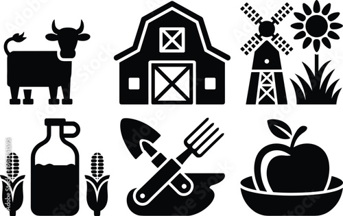 Farm silhouette icon set cow barn windmill sunflower garden tools apple milk agriculture rural vector illustration collection black simple design