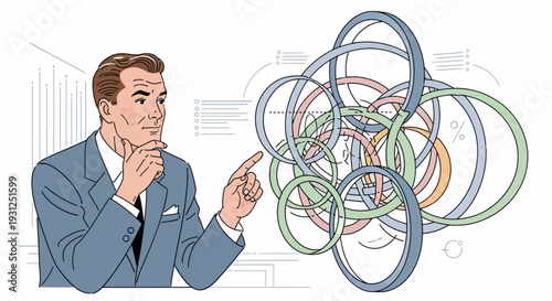 Man Contemplating Complex Interconnected Rings Structure.