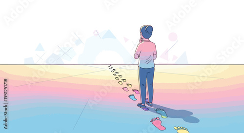 Man Standing on Surfboard with Leash.