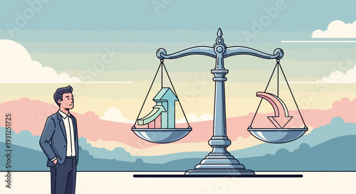 Man Standing Beside Balance Scale Illustration.