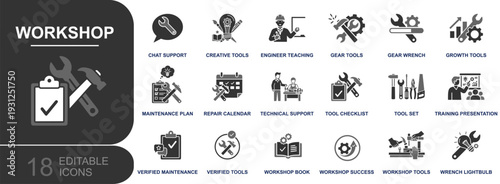 Workshop icon set. Containing wrench, gear, repair, maintenance, technical support, tool checklist, training, creative tools, service plan and more. Solid fill vector icons collection.
