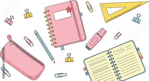 Cute School Supplies Set with Notebook Planner Pencil Highlighter Ruler and Stationery Accessories Vector Illustration