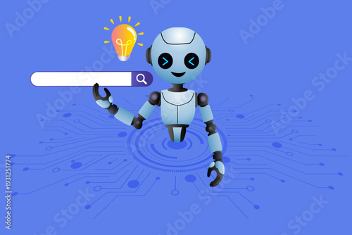 Intelligent android assistant providing search results and new ideas on digital background