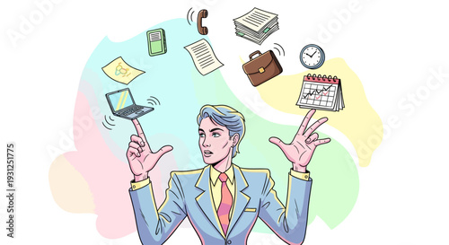 Man juggling office supplies and technology.