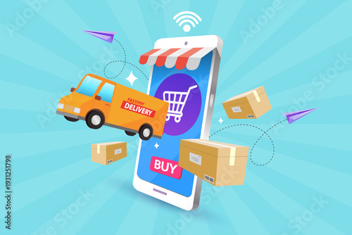 Online shopping and express logistics concept featuring yellow van with cardboard boxes popping out of mobile phone. Modern vector for e-commerce distribution and shipping business solutions