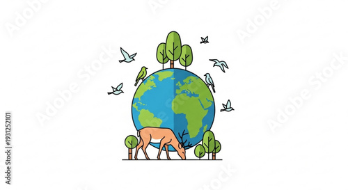 Earth with green trees and animals symbolizing environmental conservation and harmony with nature