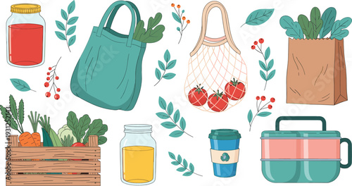 Eco Friendly Grocery Shopping Set with Reusable Bags Fresh Vegetables Jars and Sustainable Lifestyle Elements