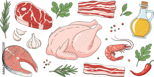 Fresh Meat and Seafood Set with Steak Chicken Salmon Shrimp Bacon and Cooking Ingredients Vector Illustration
