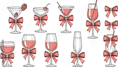 Elegant Pink Cocktail Glasses Collection with Bows Ribbons and Romantic Party Drink Vector Illustration Set