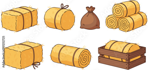Hay Bale Collection with Straw Bundles Farm Sack and Wooden Crate Rustic Agriculture Vector Illustration