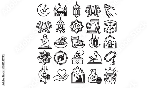 Set of Islamic and Ramadan symbols and icons isolated on white background