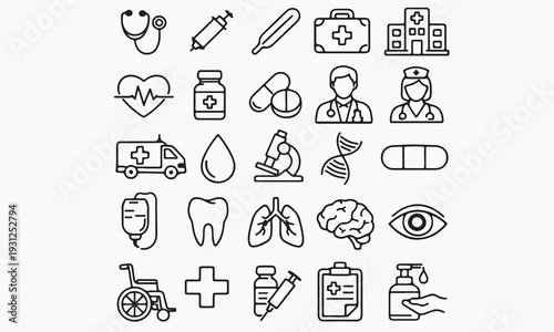 Collection of essential medical and healthcare icons line art isolated on white background