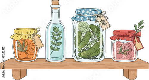 Homemade Pickled Vegetables in Glass Jars on Wooden Shelf with Herbs and Rustic Kitchen Decor
