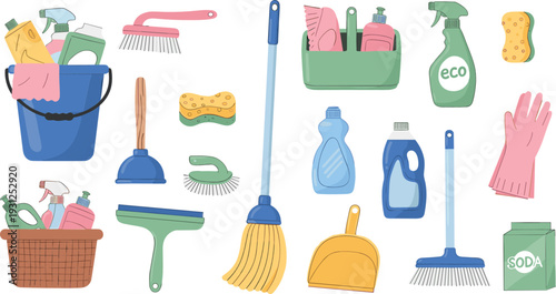 Household Cleaning Supplies Set with Mop Bucket Spray Bottles Gloves and Eco Friendly Detergent Vector Illustration