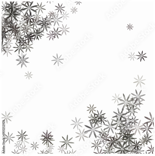 和風の手描き風モノクロ装飾セット、ベクター、雪の結晶と花の散らし模様、和モダン背景素材、加工自由