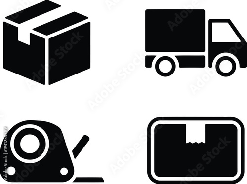 delivery and packaging silhouette symbol set featuring package, truck, tape dispenser, and parcel label for logistics apps and shipping UI