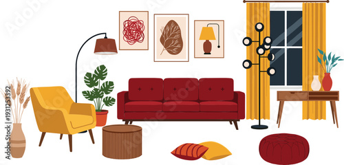 Modern Cozy Living Room Interior with Red Sofa Yellow Armchair Floor Lamp and Stylish Home Decor Elements